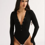 Primi Nola Henley Long Sleeve Bodysuit | Black