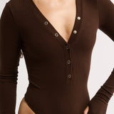 Primi Nola Henley Long Sleeve Bodysuit | Cocoa
