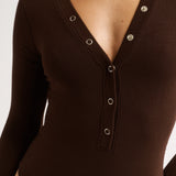 Primi Nola Henley Long Sleeve Bodysuit | Cocoa