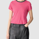 Bassike Stripe Raw Edge T-Shirt | Red/Pink/Washed Navy