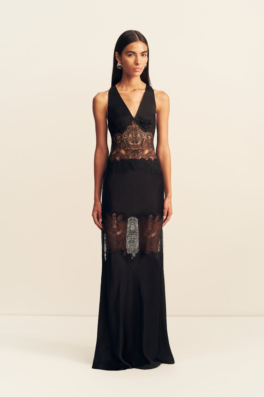 Jamila Plunged Lace Panelled Maxi Dress
